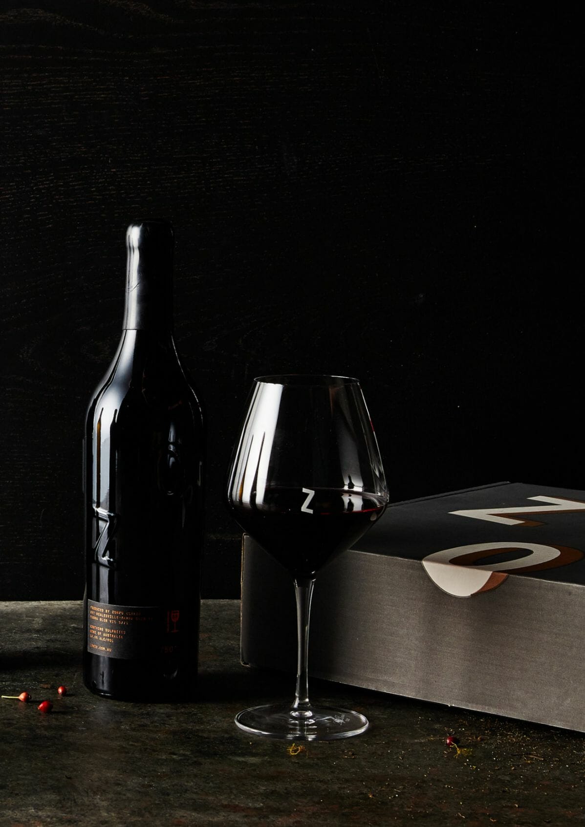 Wine Bottle and Wine Glass Zonzo Estate Label Design